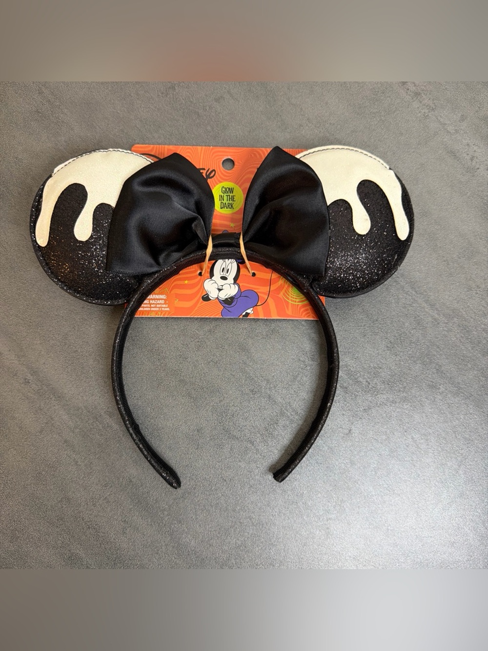 NEW Aldi x Disney Black Sparkle Giltter Glow In The Dark Minnie Mouse Ears Bow